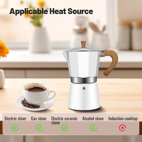 6 Cup Aluminum Moka Pot Classic Stovetop Espresso Coffee Maker 300ml 10oz Coffeemaker Percolator Mocha Express Preferred Cafe Makers for Italian and Cuban Café Brewing White