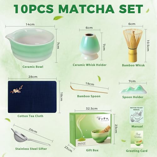 Matcha Set 10 Pcs Japanese Matcha Whisk Set with Ceramic Bowl (10 Count)