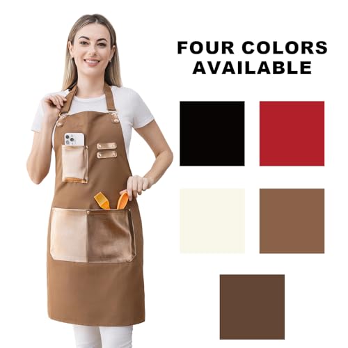 Barista Tools Apron for Women Hairstylists Servers Waterproof Canvas Kitchen Apron with 3 Pockets for Cooking Gardening