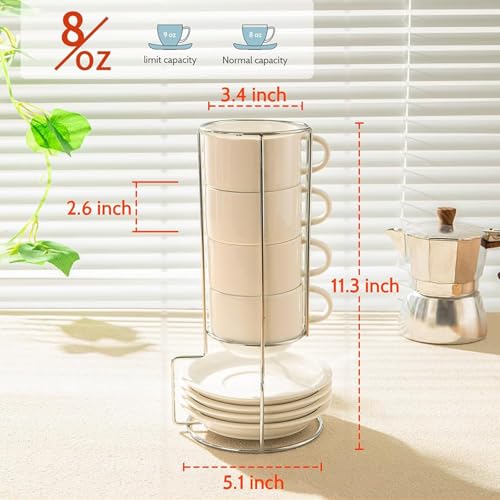 8 Ounce Porcelain Stackable Cappuccino Cups with Saucers and Metal Stand