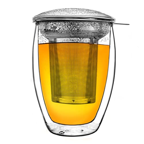 Double Walled Tea Glass with Stainless Steel Filter and Glass Lid