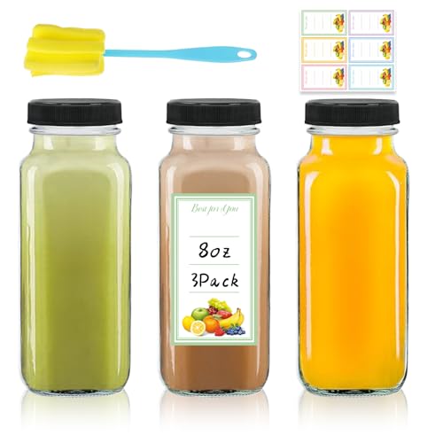 3 Pack 8oz Glass Juice Bottles with Lids