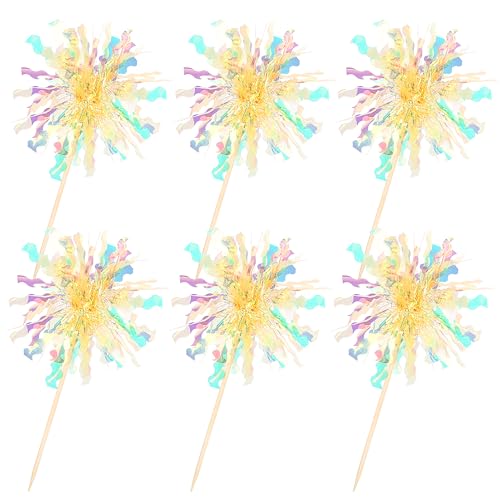 30 PCS Foil Firework Cupcake Toppers Sparkle Tinsel Cupcake Picks Happy Birthday Cake Decorations Drink Stirrers Cocktail Food Fruit Toothpicks for Baby Shower Graduation Party Supplies Yellow (30 Count)
