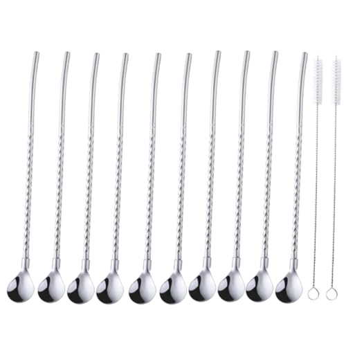 10 pcs Metal Straw Spoons with 2 Cleaning Brushes