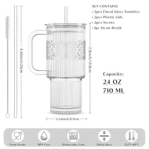 24 oz Ribbed & Floral Glass Tumblers with Handle