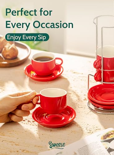 2.5 Ounce Porcelain Stackable Espresso Cups with Saucers and Metal Stand Set of 4