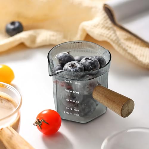 4 oz Grey Double Spouts Measuring Triple Pitcher Milk Cup with Wood Handle (4 Ounce)