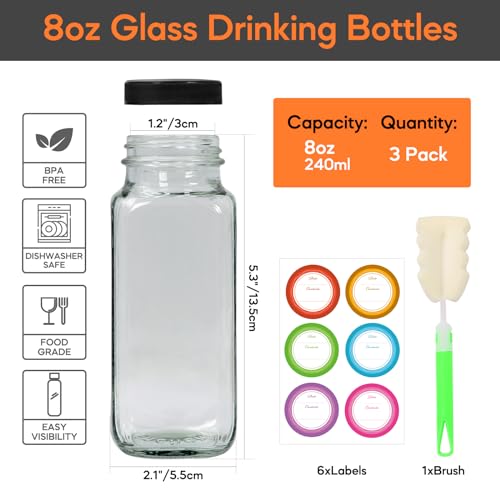 8oz 3 Pack Glass Juice Bottles with Leak (3 Count)