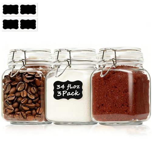 Glass Storage Jars 34 oz 3 Pack for Flour Sugar (3 Count)