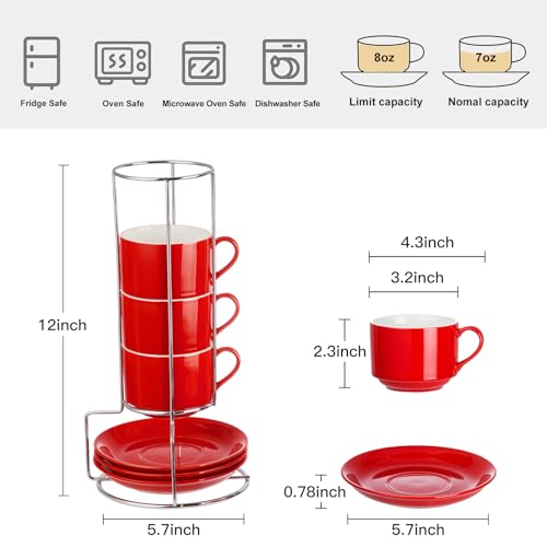 8 Ounce Stackable Cappuccino Cups with Saucers and Metal Stand (4 Count)