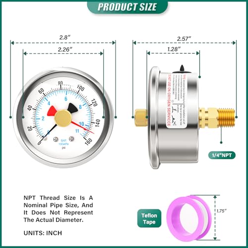 0 160PSI Stainless Steel with Reset Pointer Liquid Filled Pressure Gauge