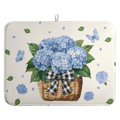 Spring Hydrangea Dish Drying Mats Spring Summer Floral Dish Mat Blue Flowers Butterfly Drying Matt Dishes Dryer Pad for Kitchen Counter Absorbent Microfiber Washable Foldable Reusable 18x24 in