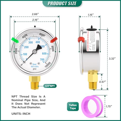 0 10000PSI Stainless Steel Liquid Filled Pressure Gauge