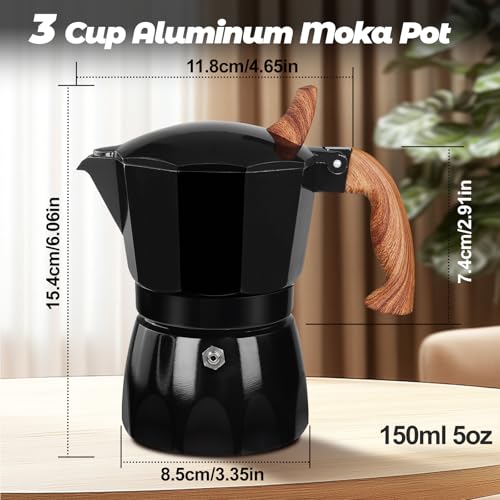 3 Cup Aluminum Moka Pot Classic Stovetop Espresso Coffee Maker 150ml 5oz Coffeemaker Percolator Mocha Pot Greca Coffee Maker Cafe Makers for Italian and Cuban Café Brewing Black