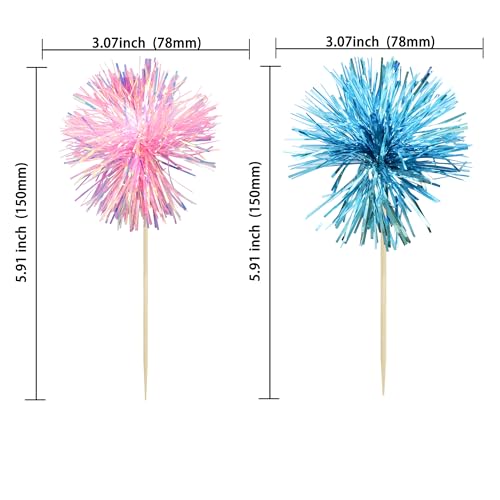 30Pcs Foil Firework Cupcake Toppers Sparkle Tinsel Cupcake Picks Happy Birthday Cake Decorations Drink Stirrers Cocktail Food Toothpicks for Baby Shower Graduation Party Supplies Blue Pink (30 Count)