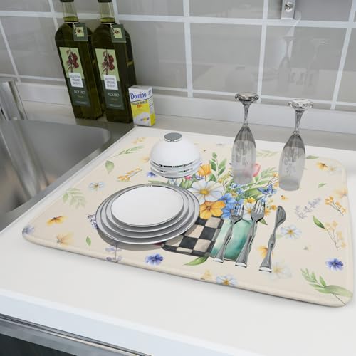 Spring Flower Vases Dish Drying Mat for Countertop
