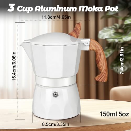 3 Cup Aluminum Moka Pot Classic Stovetop Espresso Coffee Maker 150ml 5oz Coffeemaker Percolator Mocha Pot Greca Coffee Maker Cafe Makers for Italian and Cuban Café Brewing White