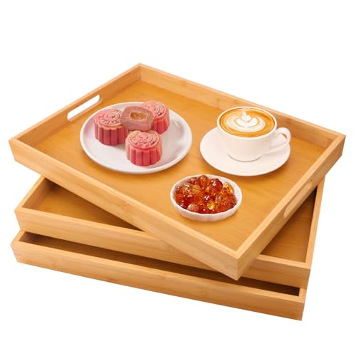 3 Pack Large Bamboo Serving Tray with Handles (3 Count)