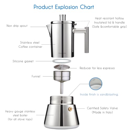 Diego Stovetop Espresso Maker Stainless Steel Italian Coffee Machine Maker 6Cup 10 oz Moka Pot Induction Espresso Pot