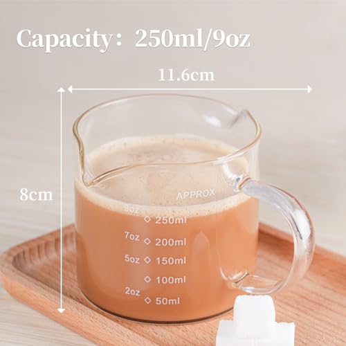 1 Pack 250ML 8.5OZ Measuring Cup Espresso Shot Glasses Double Spouts Large Coffee Cup with Handle Triple Pitcher Milk Cup Parts Clear Glass By BCnmviku