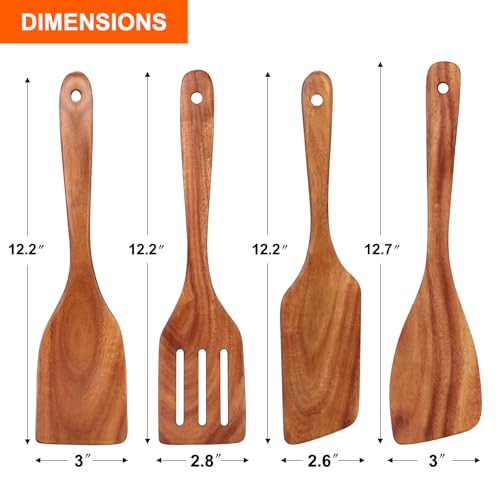 Non Toxic Wooden Spatula for Cooking Utensil Set Teak Kitchen Cooking Spoon (4 Count)