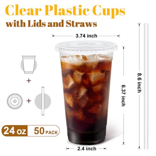 50 Pack 24 oz Clear Plastic Cups with Lids and Straws Disposable (50 Count)
