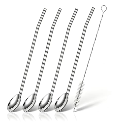 4 Pack 2 in 1 Stainless Steel Straw Spoon with Cleaning Brush (4 Count)
