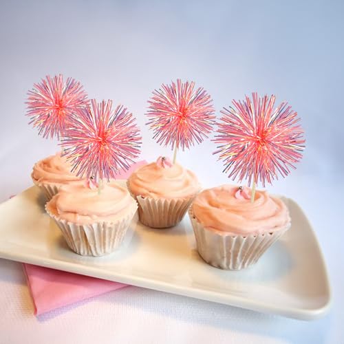 30Pcs Foil Firework Cupcake Toppers Sparkle Tinsel Cupcake Picks Happy Birthday Cake Decorations Drink Stirrers Cocktail Food Fruit Toothpicks for Baby Shower Graduation Party Supplies Orange (30 Count)