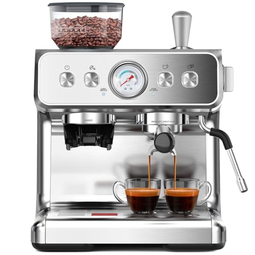 2026 Upgrade) Espresso Machine with Grinder, Expresso Coffee Machines with Built-in Anti-Clog Coffee Grinder/Milk Steam Wand/Frother, Expresso Machines for Home Perfect Cappuccino & Latte-Silver