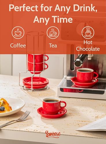 2.5 Ounce Porcelain Stackable Espresso Cups with Saucers and Metal Stand Set of 4