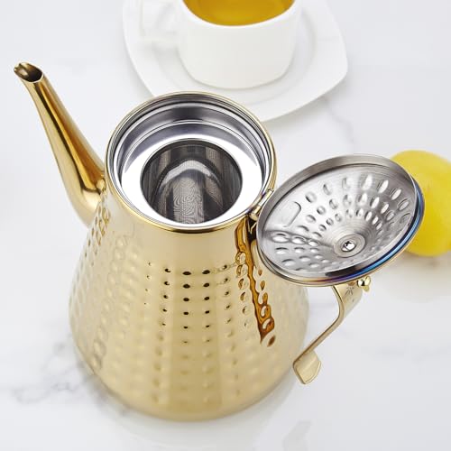 1.8L(60oz) Stainless Steel Hammer Patterned Teapot With Removeable Infuser,Loose leaf cover,Gold