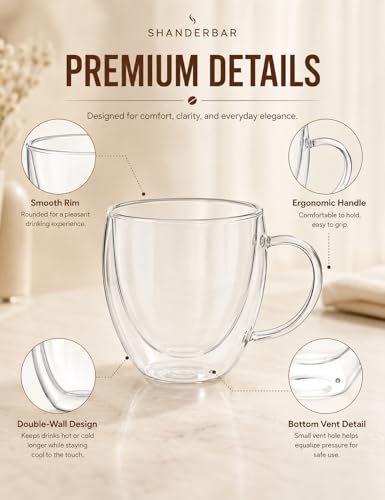 8.5oz Double Walled Glass Coffee Mugs with Handles (4 Count)