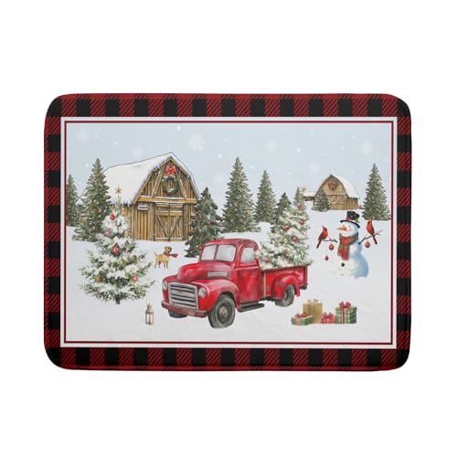 Christmas Truck Dish Drying Mat 18x24 inch Large Winter Snowman Xmas Trees Snow Farm Dish Drainer Mats Red Black Buffalo Plaids Absorbent Dish Drying Pad for Kitchen Countertop Decor