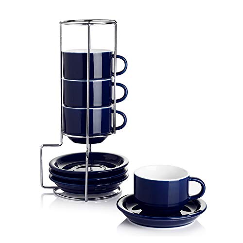 2.5 Ounce Porcelain Stackable Espresso Cups with Saucers and Metal Stand Set of 4
