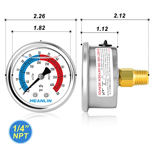 1/4" NPT 0-60psi Pressure Gauge, 2" Dial Glycerine Filled Pool Filter, 304 Stainless Steel Housing, Back Mount, with 1/2" NPT and 3/8" NPT Hex Bushing