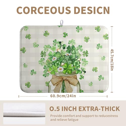St Patricks Day Shamrock Dish Drying Mat Green Spring Kitchen Dishes Drying Pad Absorbent Dish Dryer Mats for Kitchen Countertops Microfiber Washable Large18x24 in