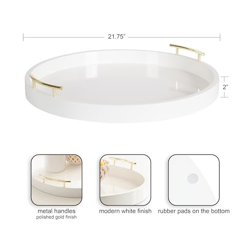 Lipton Modern Round Ottoman Tray; 22 Inch Diameter; White and Gold; Decorative Circle Coffee Table Tray for Living Room Decor or Large Serving Tray