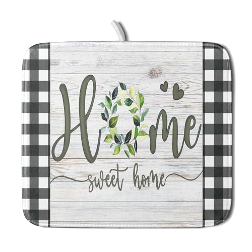 Home Sweet Home Dish Drying Mat 16x18 Inch Spring Summer Green Leaf Wreath Dish Drainer Mats Rustic Wood Board Microfiber Dish Drying Rack Pad for Kitchen Countertop Farmhouse Decor