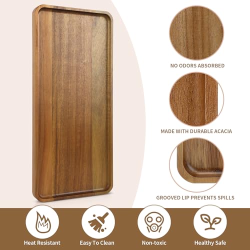 2 pcs15.7" x 7" Large Solid Acacia Wood Serving Tray Rectangular Wooden Serving Platter Natural Wooden Board for Bar Coffee Party