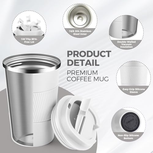 13 oz Stainless Steel Insulated Travel Coffee Mug with Fip Lid Bulk 4 Pack (4 Count)