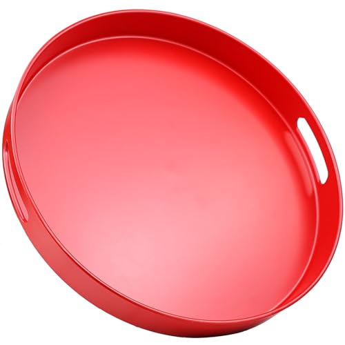 Round Red Decorative Serving Tray with Handles