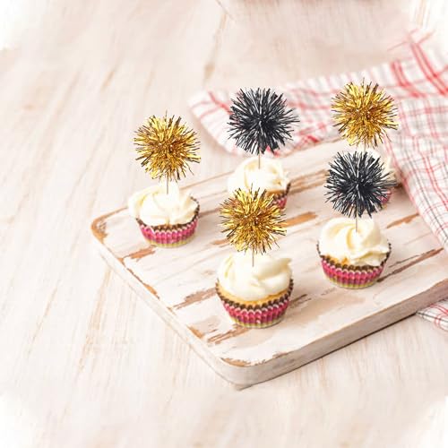 40 PCS Foil Firework Cupcake Toppers Sparkle Tinsel Cupcake Picks Fireworks Birthday Party Decorations Cocktail Fruit Toothpick for Birthday Wedding Graduation Party Decorations Supplies Black Gold (40 Count)