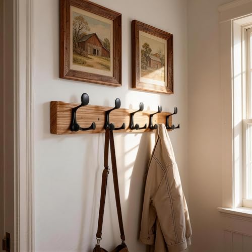 24 Inch Wood Coat Rack Wall Mount with 5 Triple Hooks