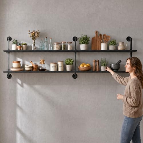 Floating Shelves Wall Bookshelf Industrial Pipe Shelving Shelves Real Wood Planks 70 inch Rustic Wall Shelves Hanging Bookshelves Farmhouse Kitchen Bar Shelving