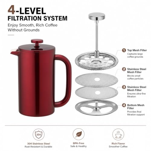 8 Cup Double Wall Insulated Stainless Steel French Coffee Press