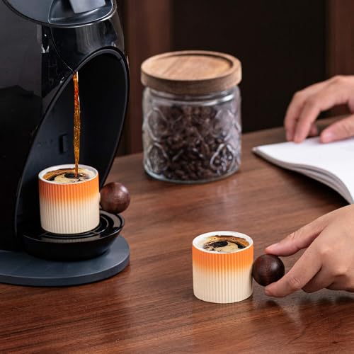Ceramic Mini Espresso Cups Demitasse Cups with Round Wooden Handle Vertical Stripes Tea Cups (2 Count)