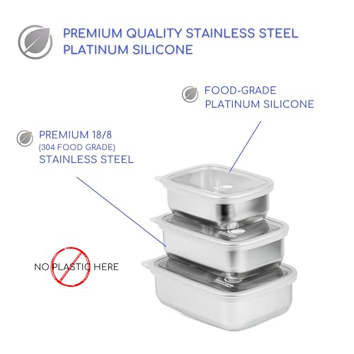 Stainless Steel Food Storage Containers with Clear Platinum Silicone Lids (3 Count)