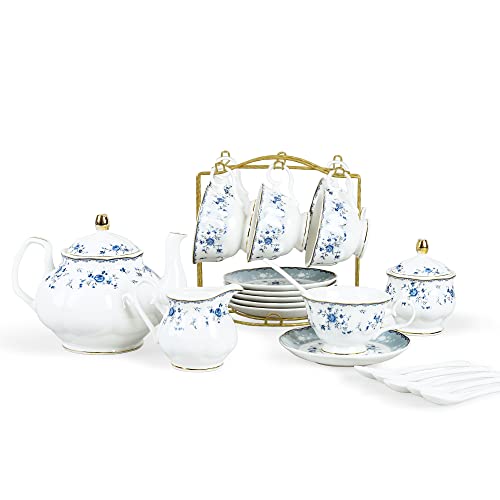 15 Piece British Blue Rose Porcelain Tea Set