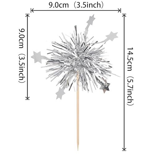 30 PCS Foil Firework Cupcake Toppers Star Cupcake Picks Sparkle Tinsel Flower Drink Stirrers Cocktail Food Fruit Toothpicks for Valentine's Day Birthday Party Cake Decorations Supplies Silver (30 Count)
