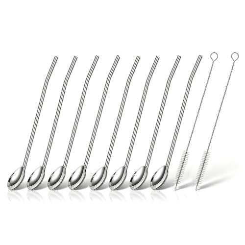 8pcs 2 in 1 Stainless Steel Straws Spoons with 2pcs Cleaning Brushes
